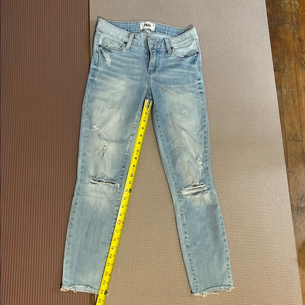 PAIGE Blue Ankle Cropped Jeans with Distressed Details